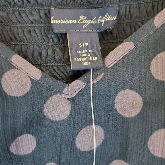 American Eagle Polka Dot Crepe Ruffled Navy V Neck Camisole Blouse Top - Picture 3 of 5
